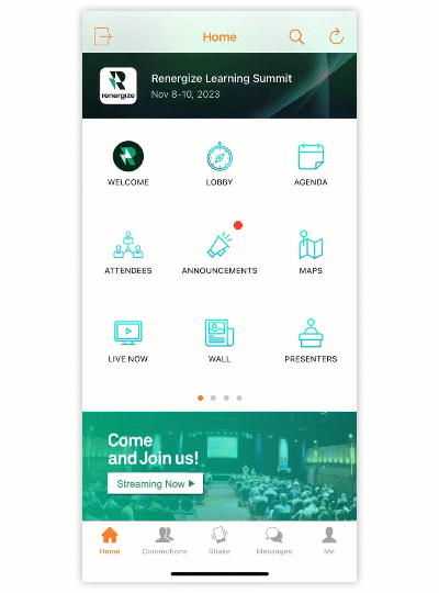 Animated GIF of tapping a location on the Maps feature to open a list of sessions and speakers at that location.