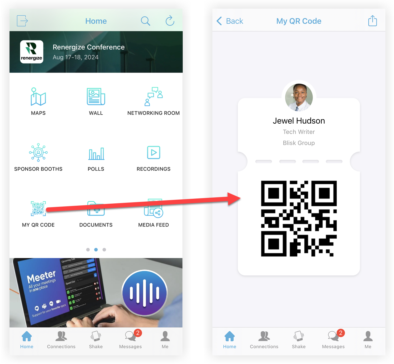 The MyQR Code feature on the home screen, and an attendee's QR code on the Mobile App.
