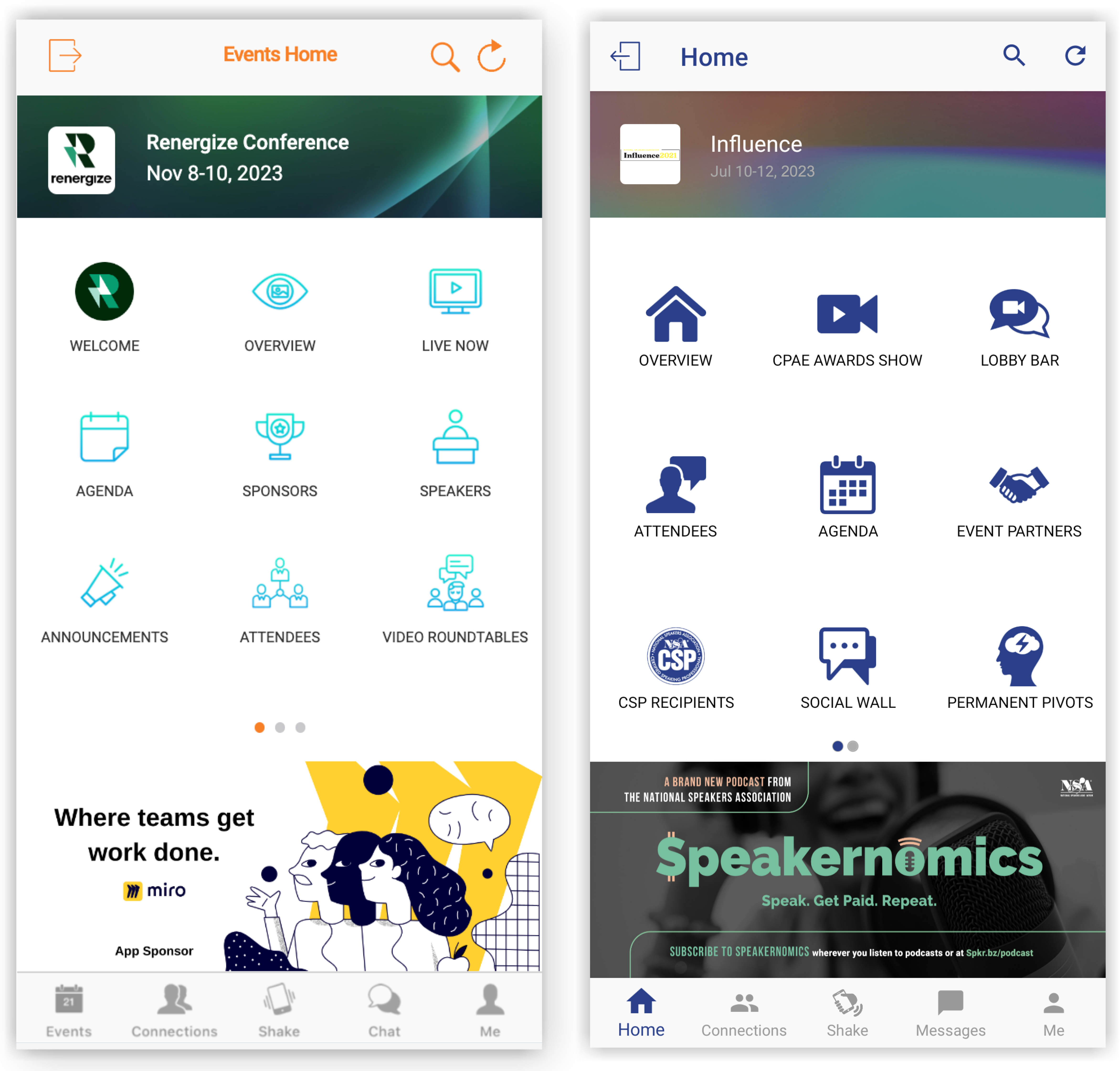 The home page on a Webex Events App and a Branded App.