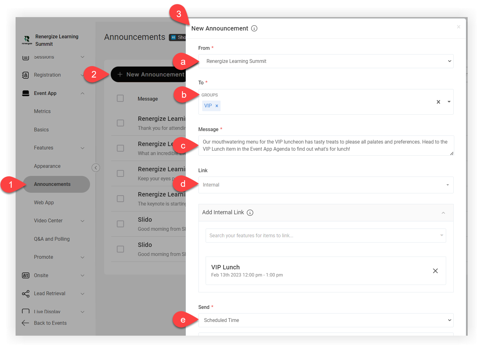 The steps just described plus the New Announcement modal with lettered sections corresponding to the steps below.