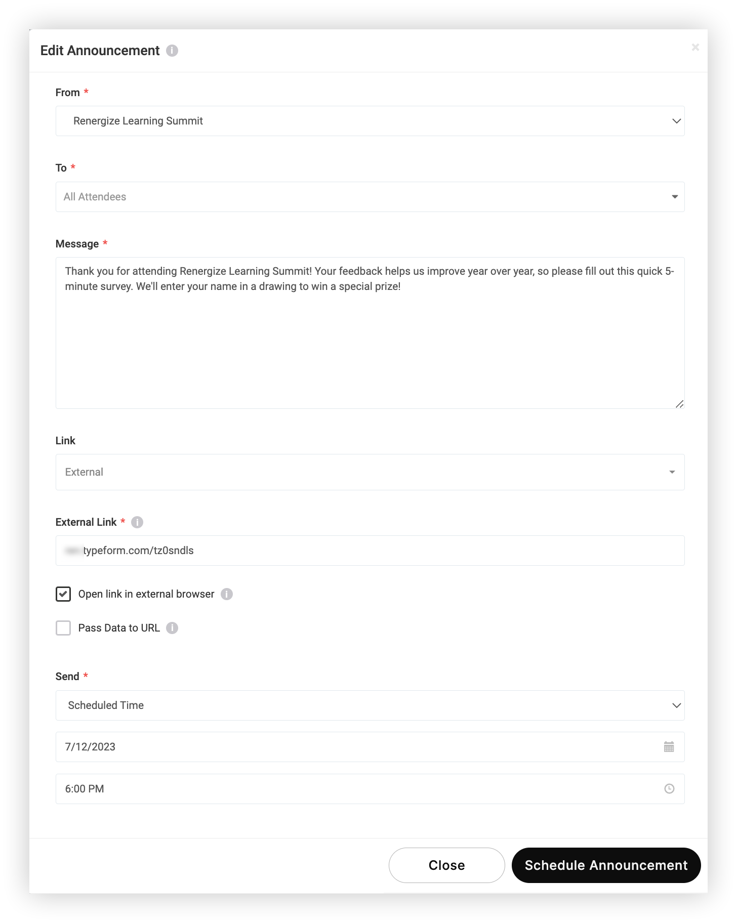 The New Announcement modal.