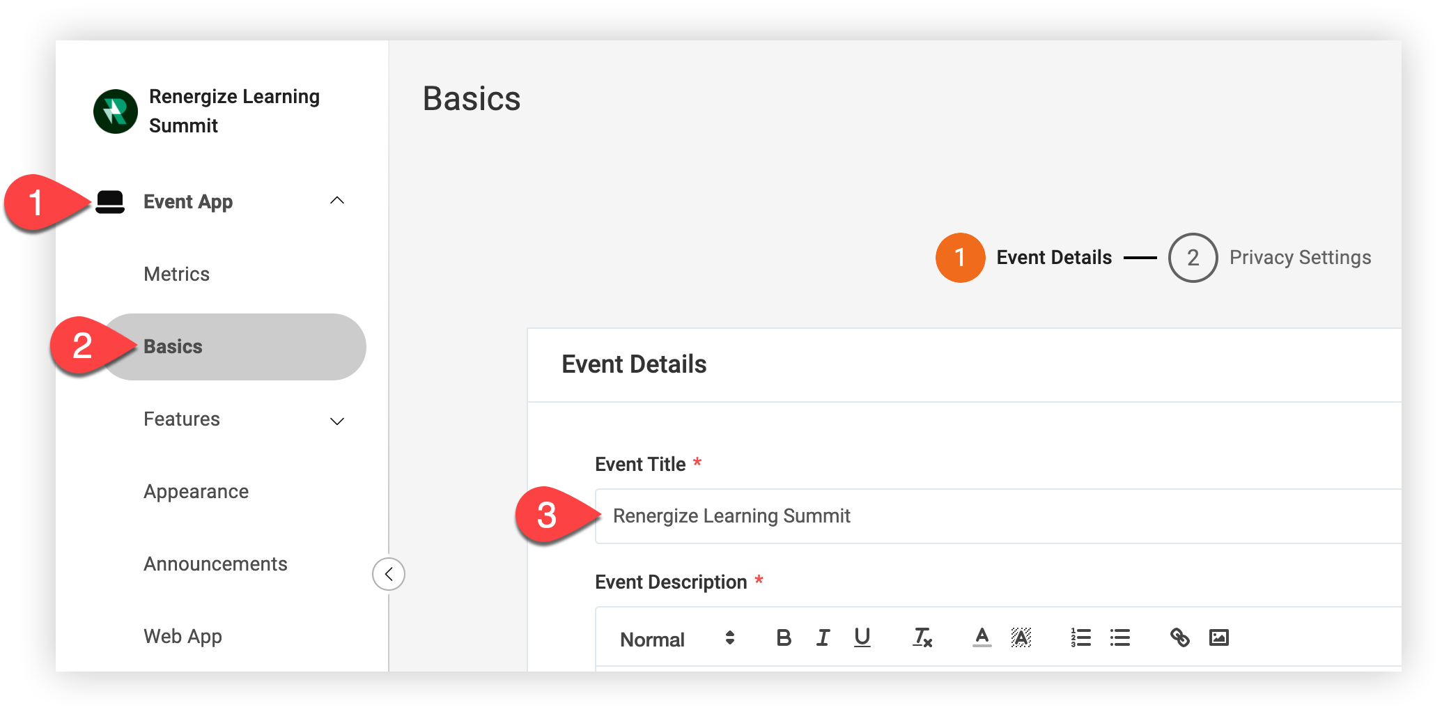 The Event Title field on the Event Details page in the Basics tab.