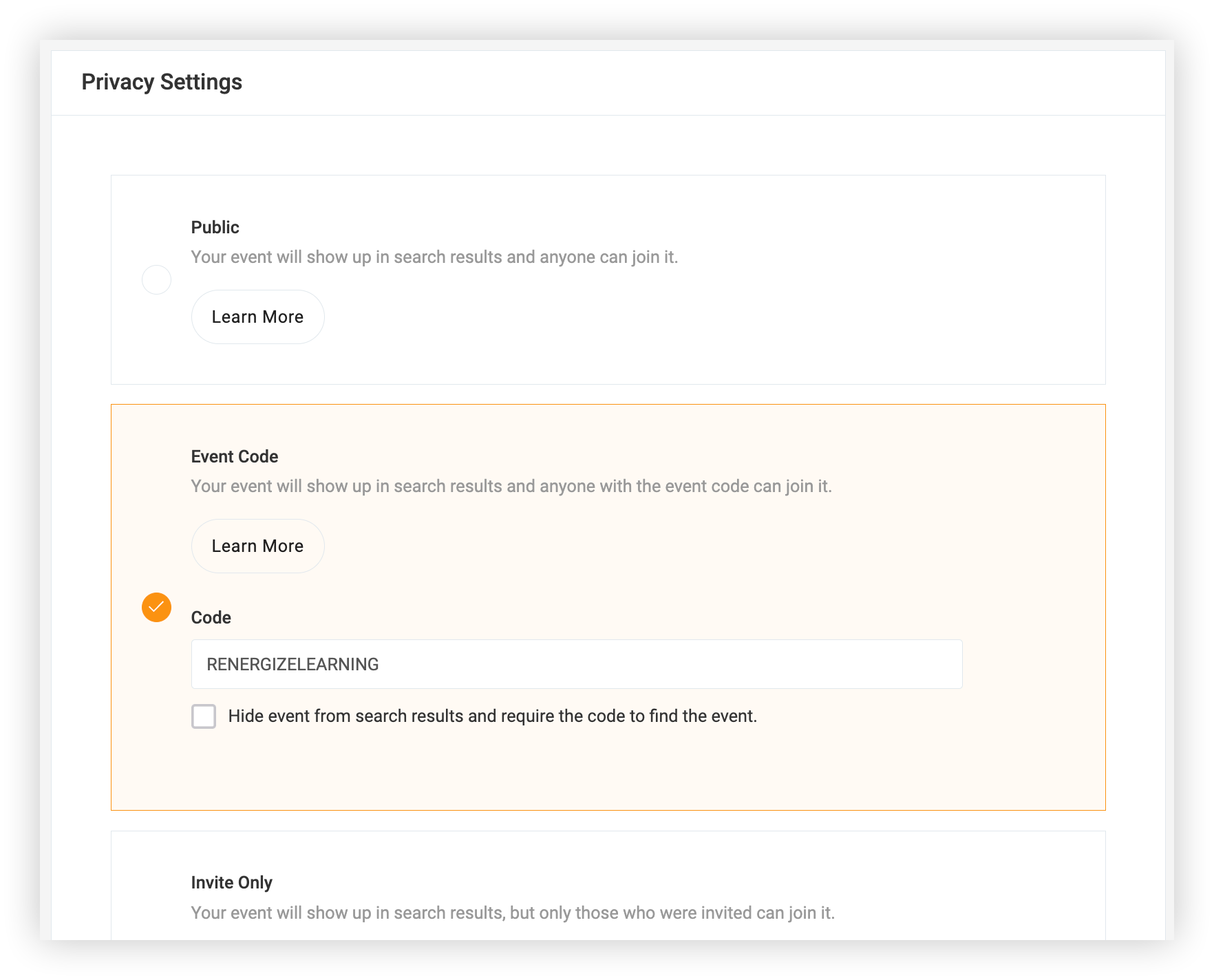 The Privacy Settings section in the Event App's Basics tab.