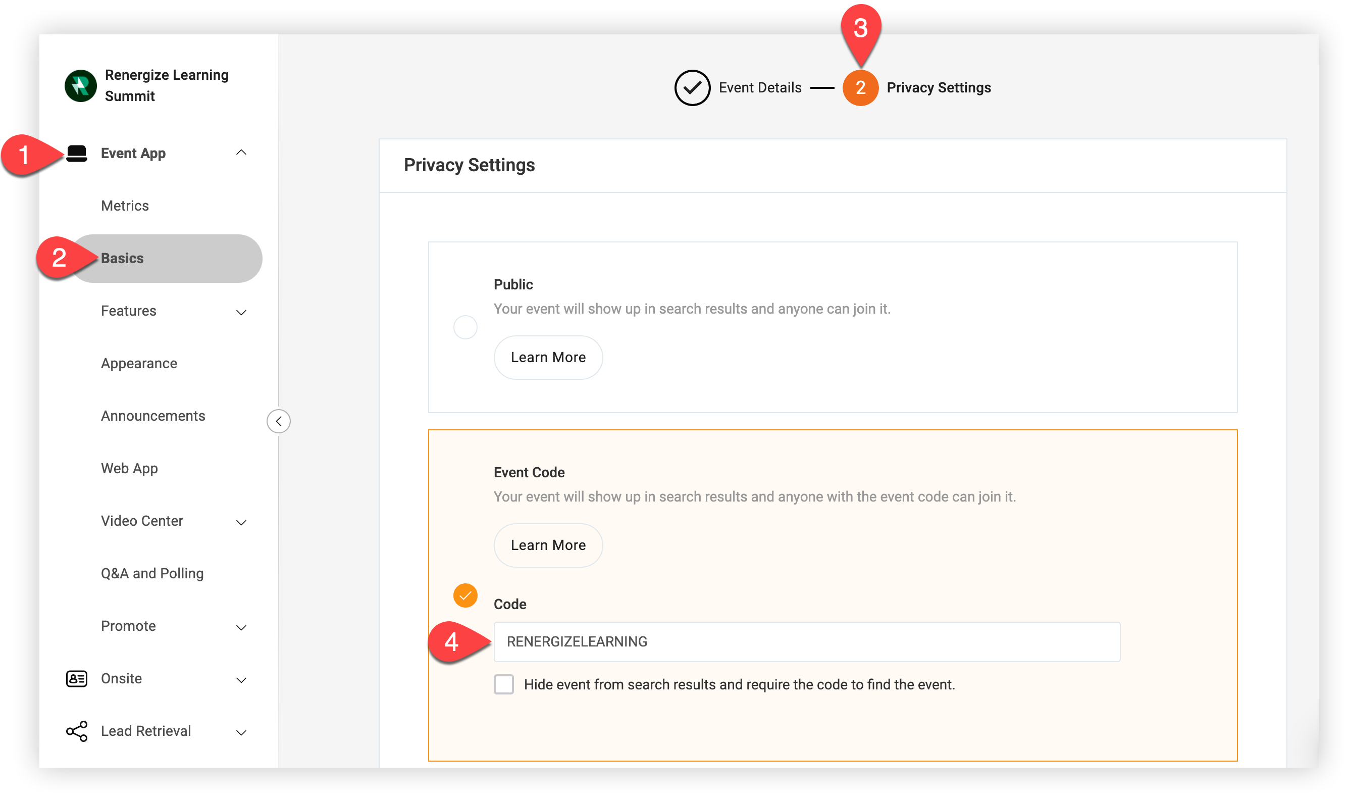 The Code field on the Privacy Settings page in the Basics tab.