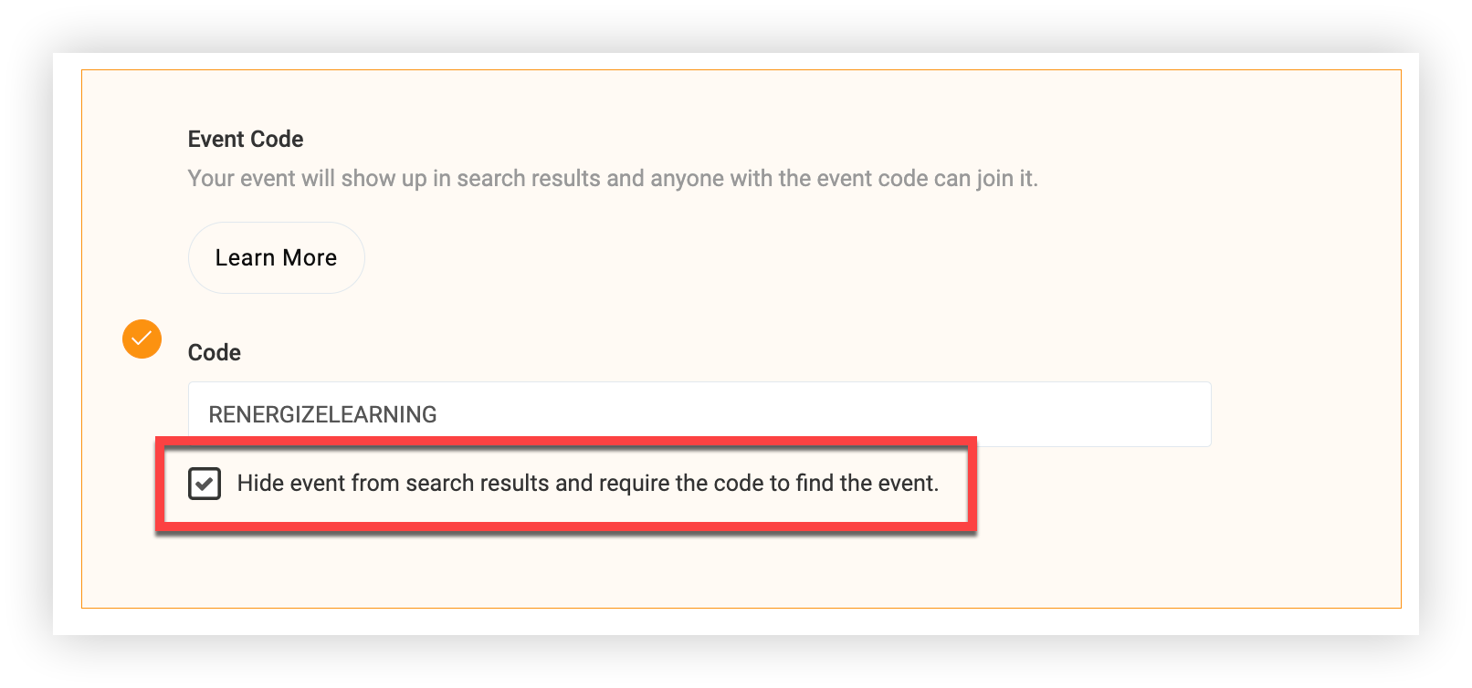 The 'Hide event from search results' checkbox in the Event Code section.