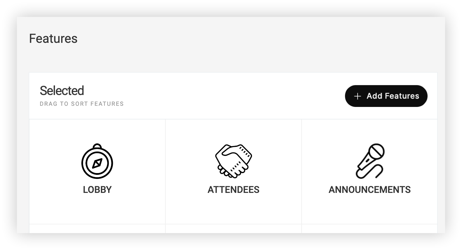 The Lobby, Attendees, and Announcements features on the Features page.