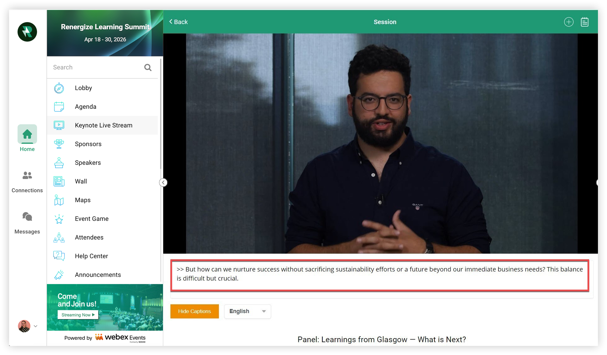 Syncwords captions in an Agenda Session live stream on the Web App.