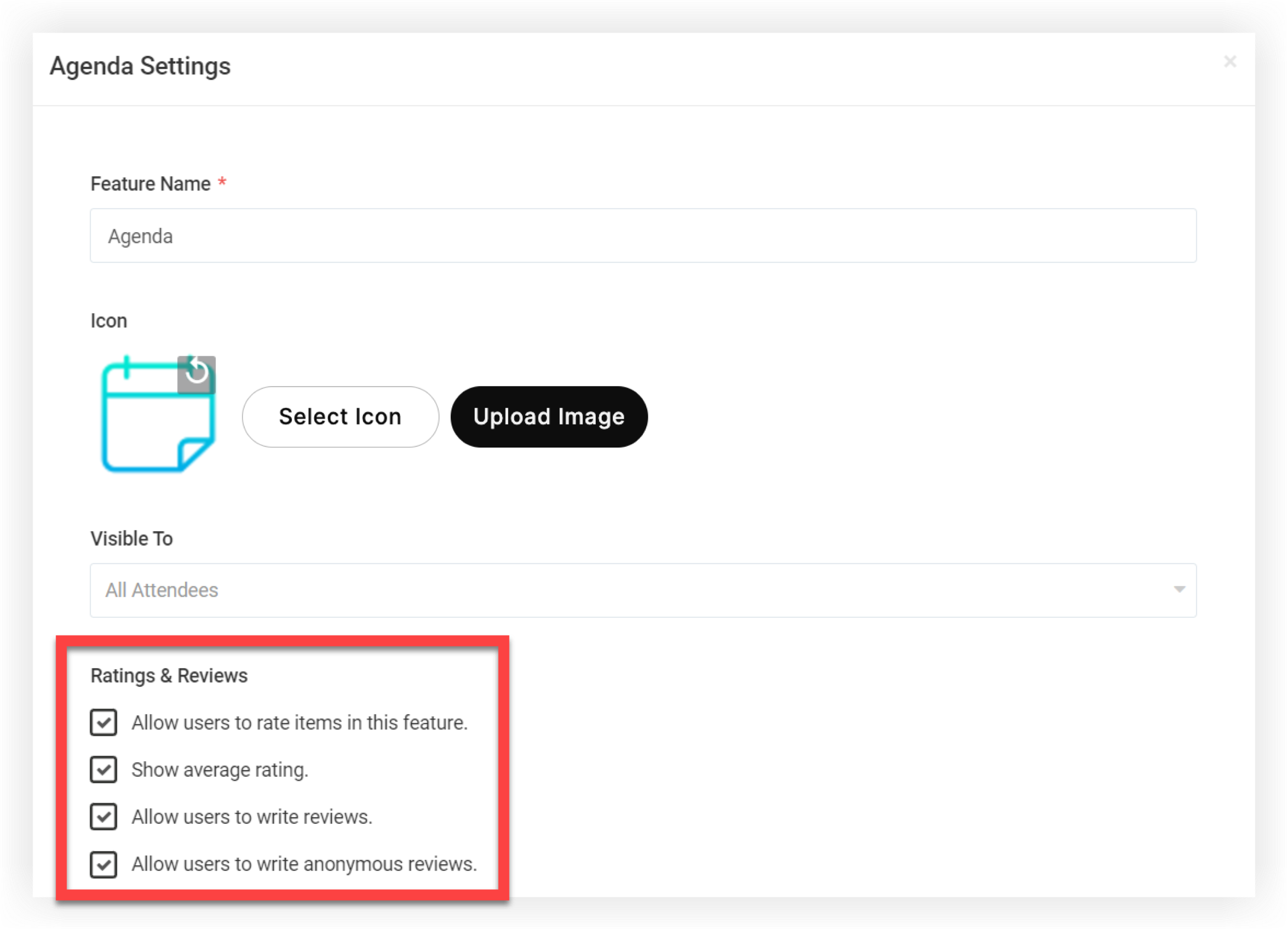The Ratings and reviews section of the Agenda Settings modal.