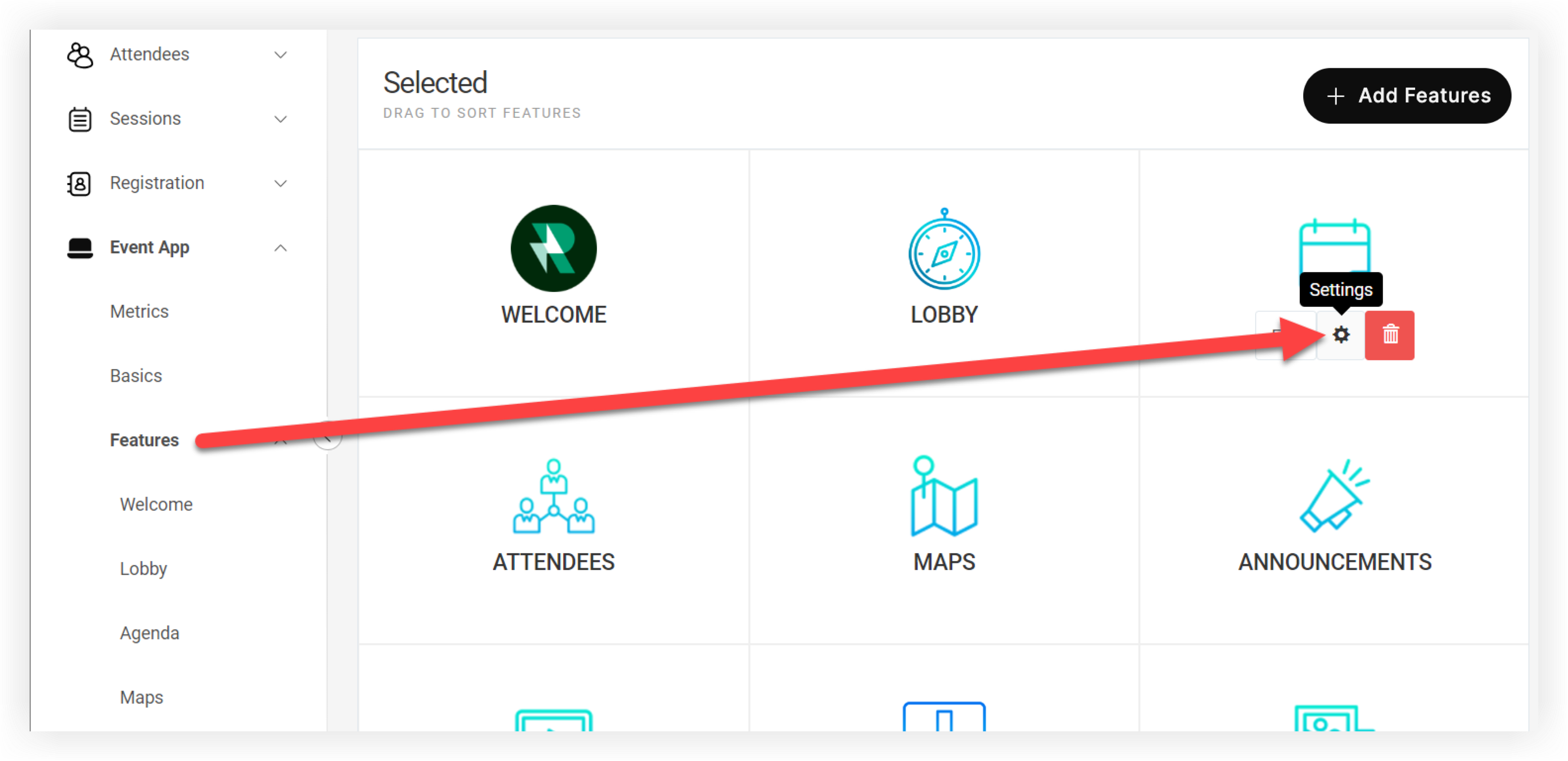The Agenda feature Settings icon on the Features page.