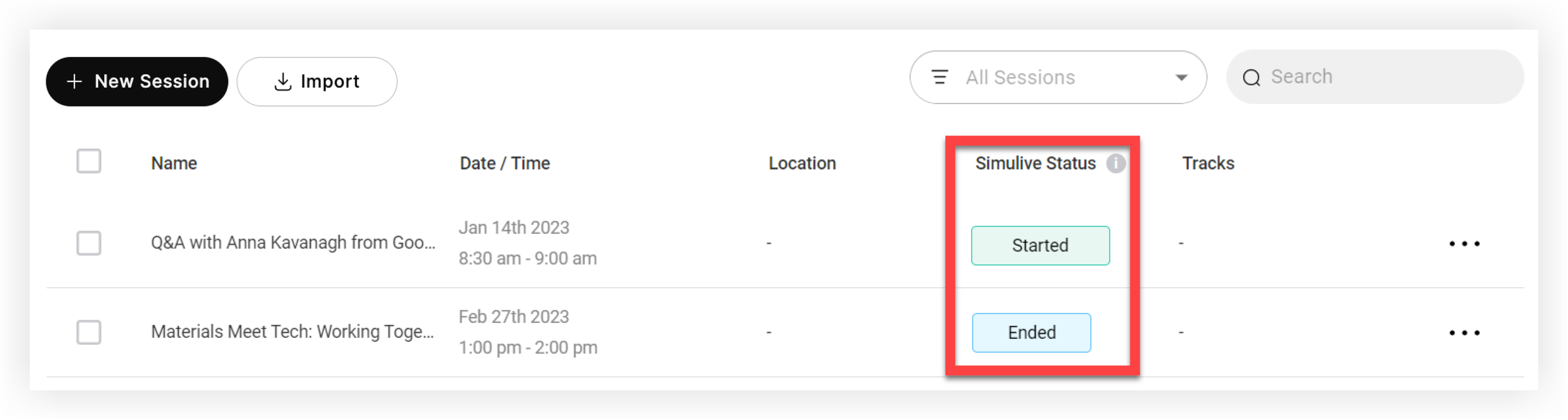 The Simulive Status column on the Sessions page.