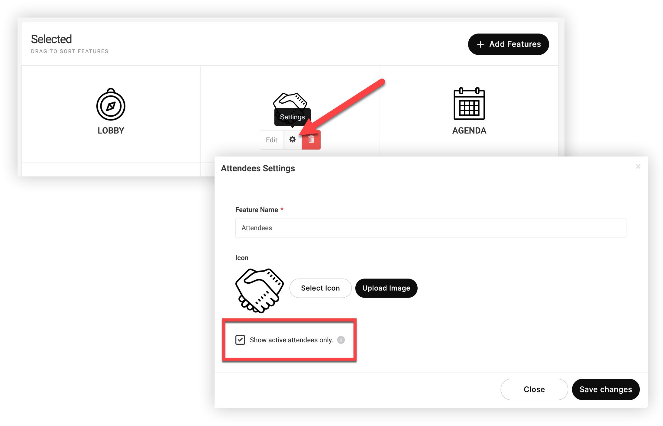 The Attendees feature Settings icon and the Attendee Settings modal. The