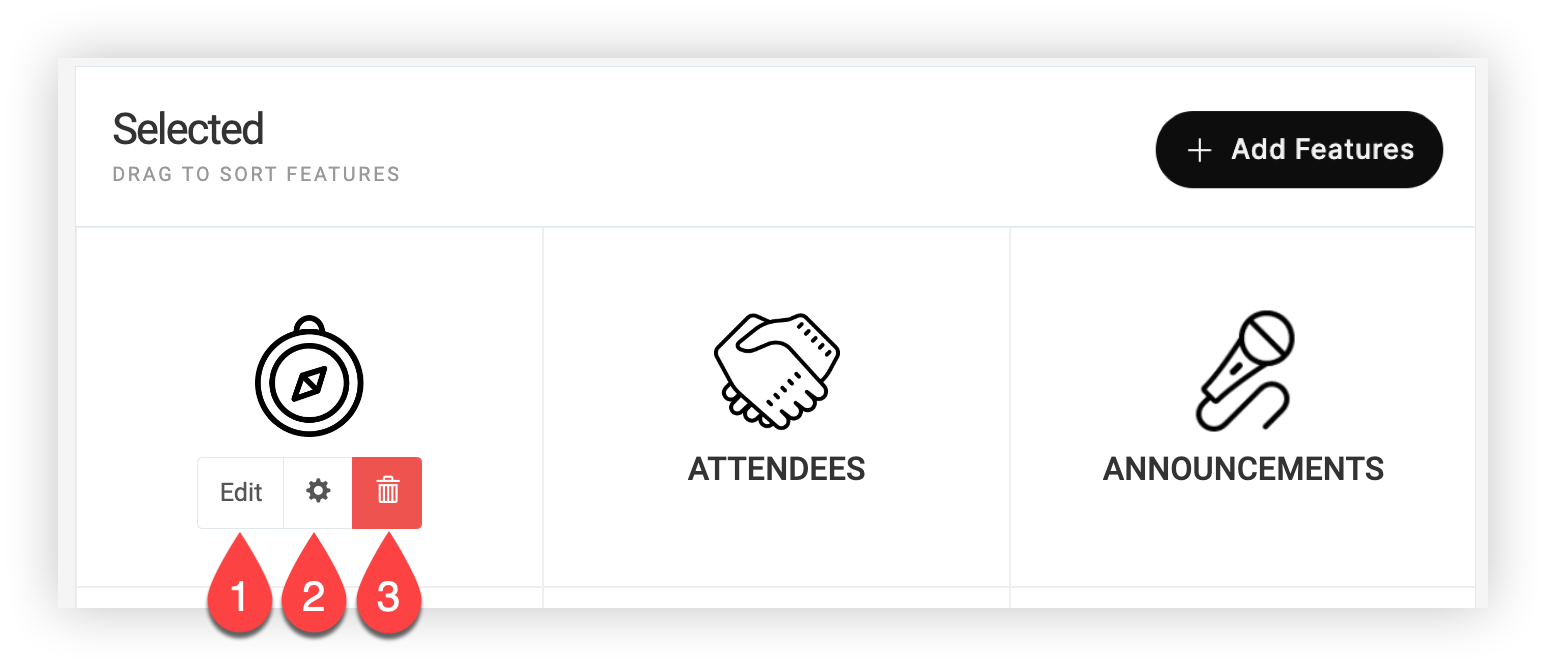 The Edit, settings, and delete buttons of a feature indicated with numbered arrows corresponding to the items below this image.