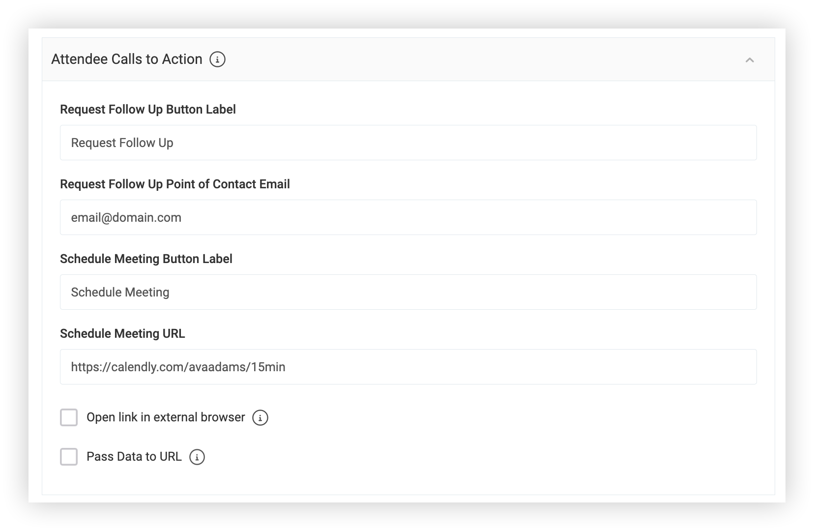 The Attendee Calls to Action section of the New Item modal.