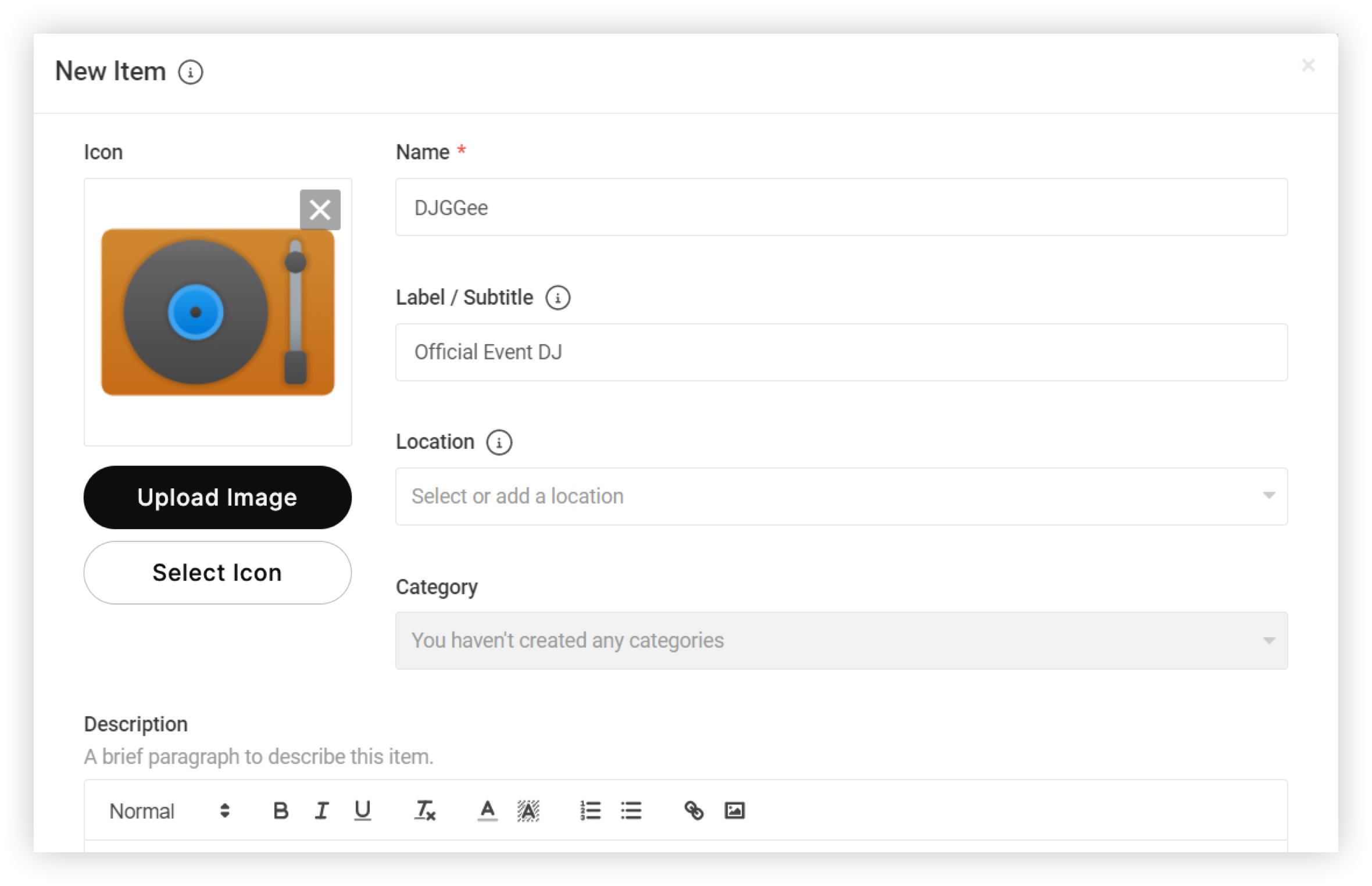 The New Item modal.