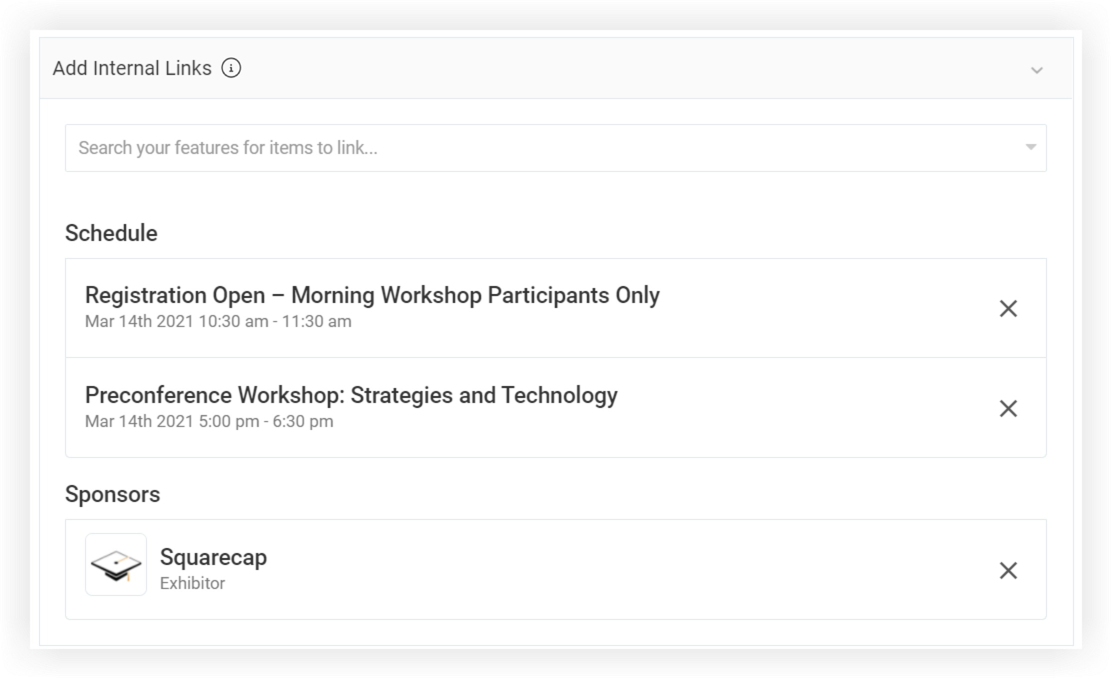 The Add Internal Links section of the modal.