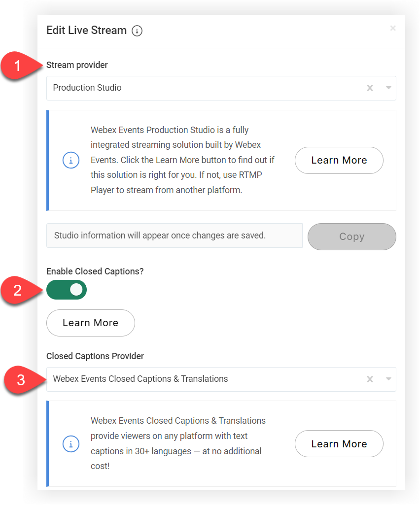 The Webex Events Closed Captions and Translations in a live stream on the Web App.