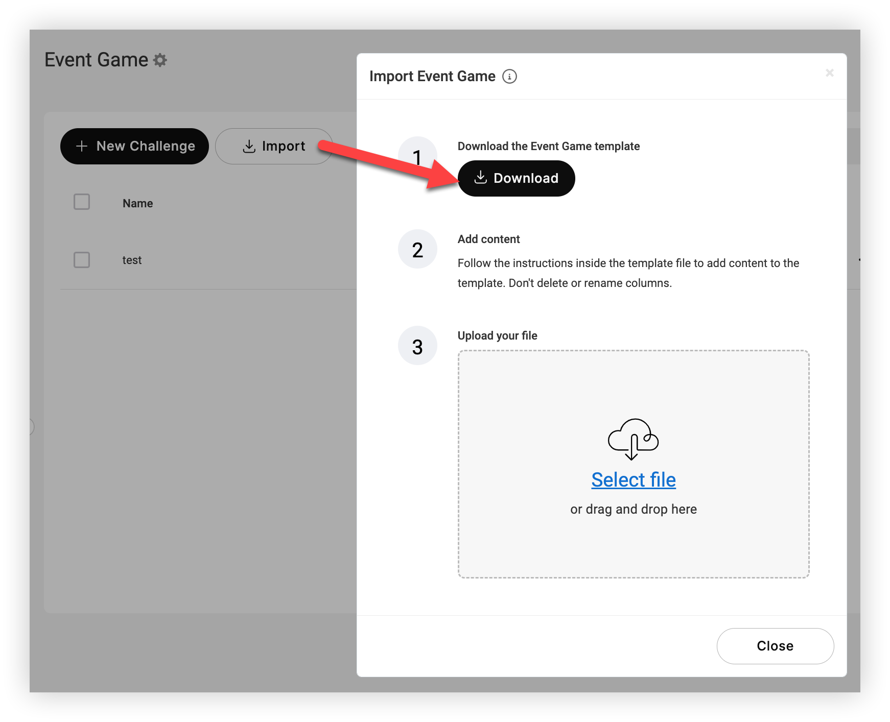 The Import button and Import modal on the Game feature page.