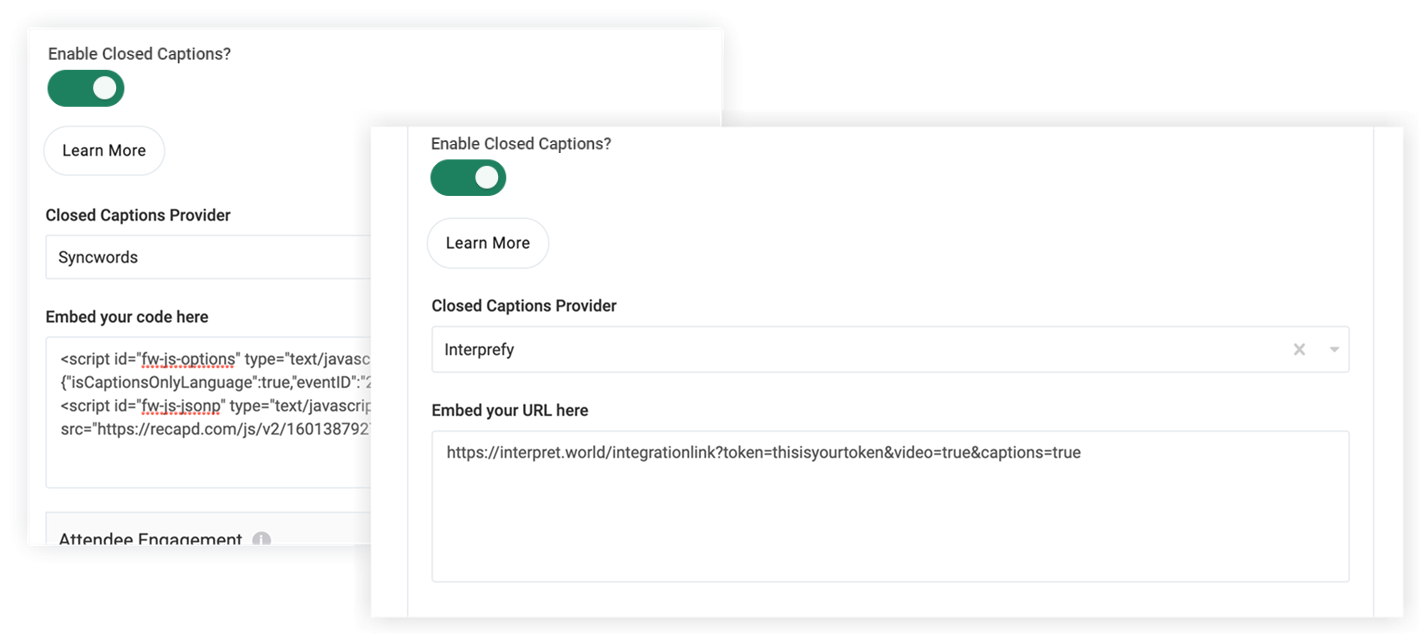 The Enable Closed Captions sections in the Edit Live Stream modal and the Edit Session modal.