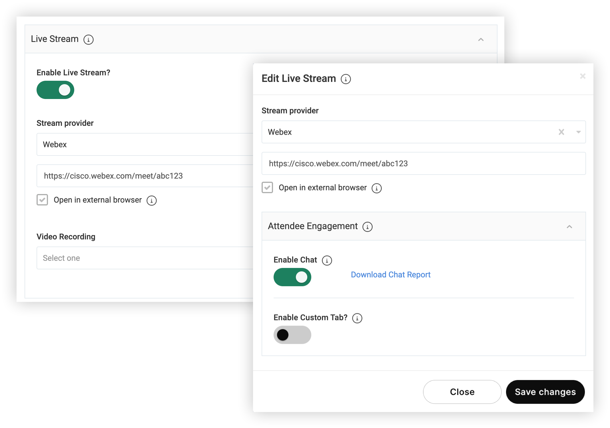 The Edit Live Stream modal and the Live Stream section of the Agenda session creation modal. A Webex link is filled in.