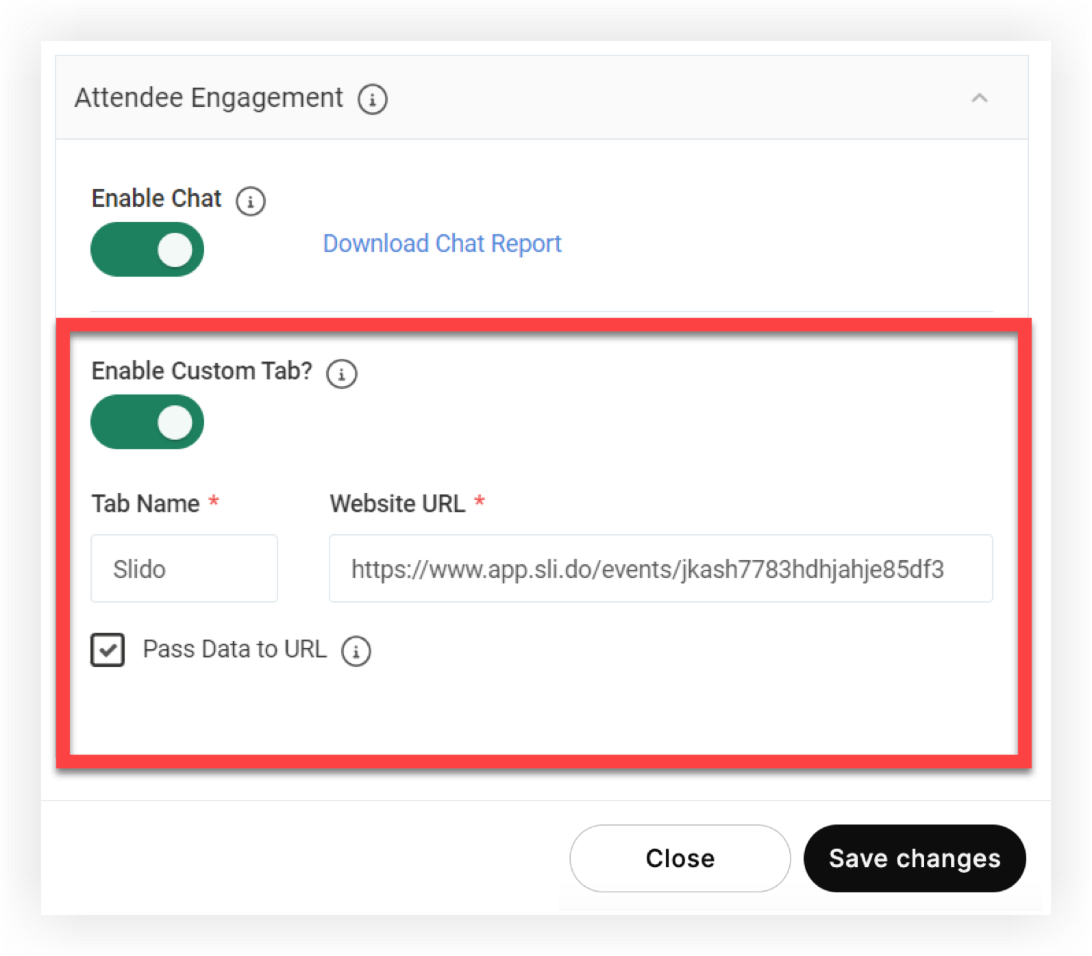 The attendee engagement section of the edit session modal. The Custom tab area is
              indicated.