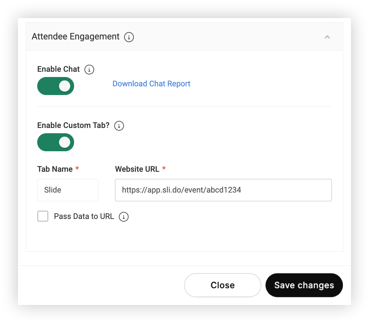 The Attendee Engagement section of the Edit Live Stream modal.