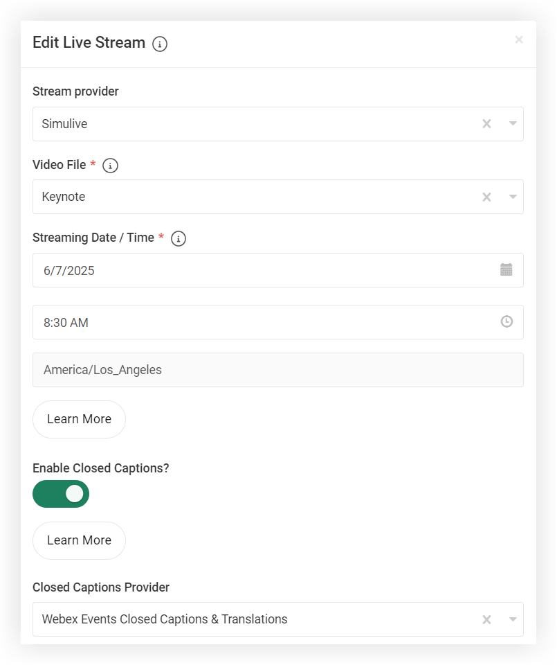 Webex Events Simulive selected in the Live Stream section of the Edit Agenda modal.