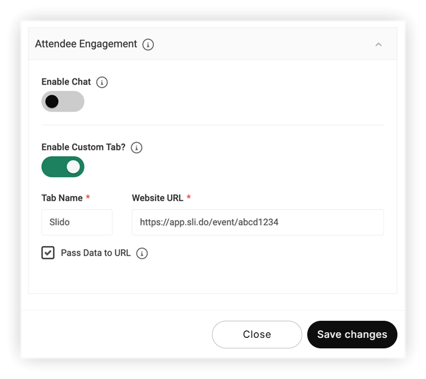 The Attendee Engagement area of a live stream feature. A Slido link has been inserted.