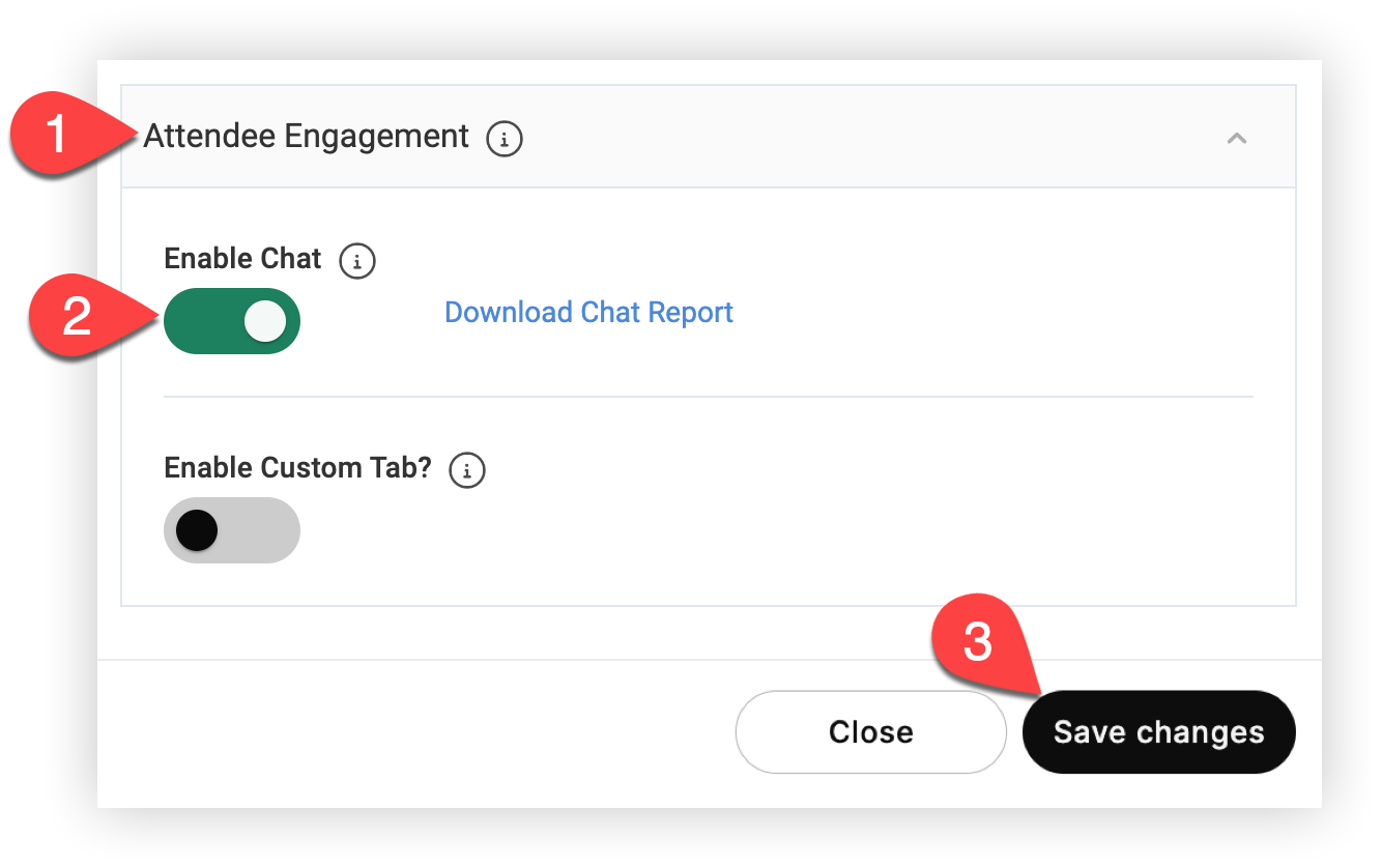 The Attendee Engagement section of a Live Stream Edit modal