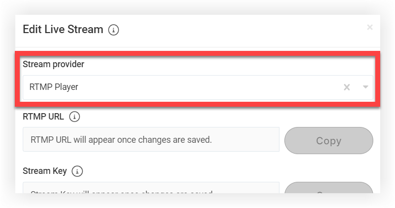 The Edit Live Stream modal. Webex Events RTMP Player is selected.
