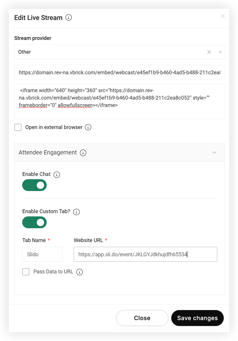 The Edit Live Stream modal with V brick information filled in.