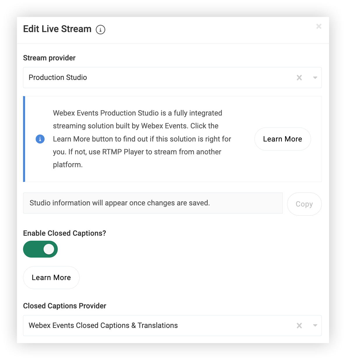 The edit Live Stream modal. The Webex Events Production Studio is the selected stream provider.
