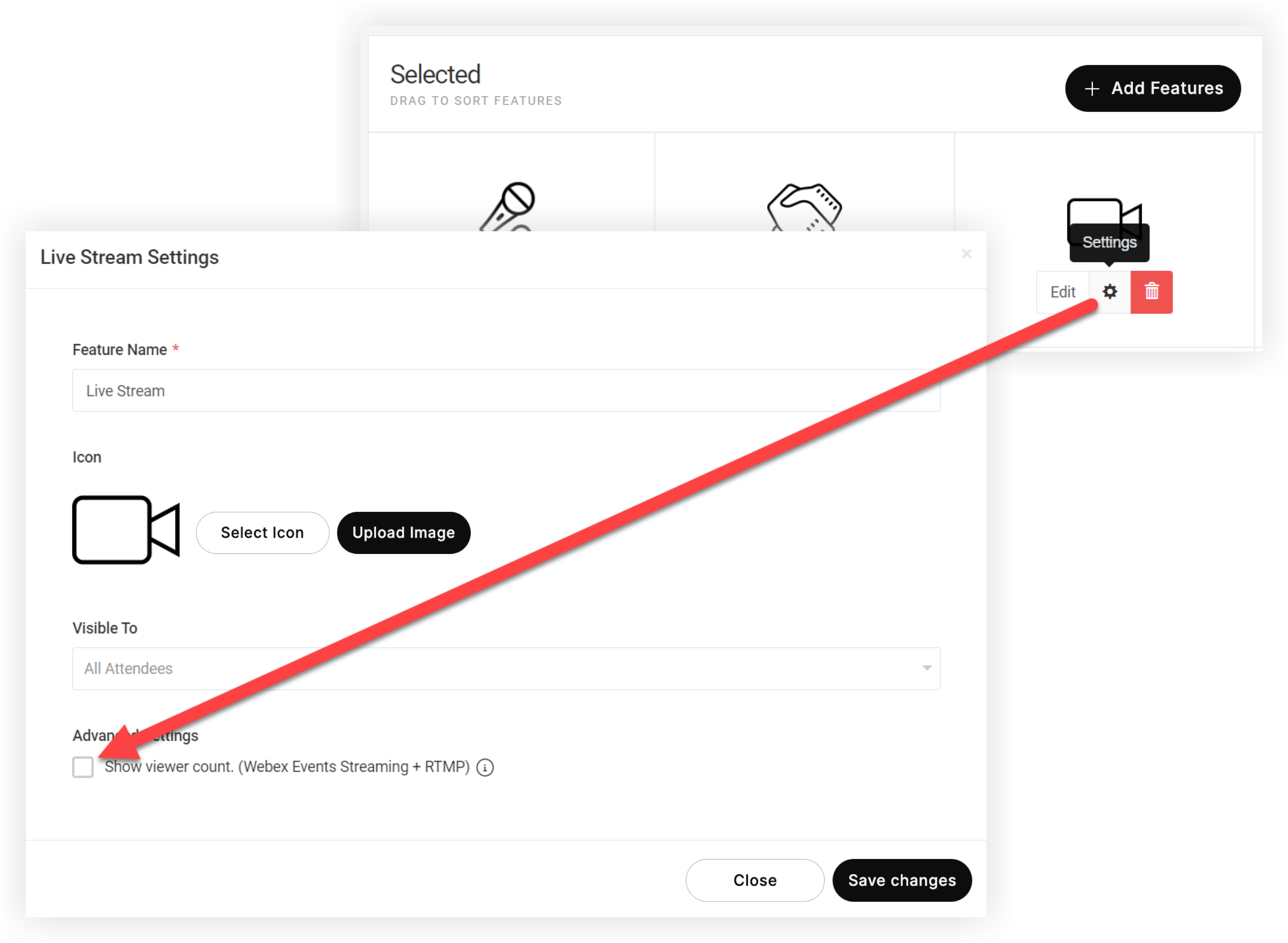 The Live Stream settings modal. The Show viewer count checkbox is indicated by an arrow leading from the Settings button on the features page in the background.