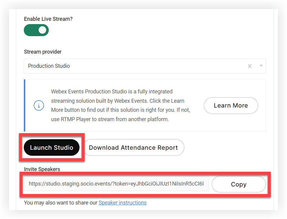 The 'Launch Studio' button and the 'Invite Speakers' link in a Session's Edit modal.