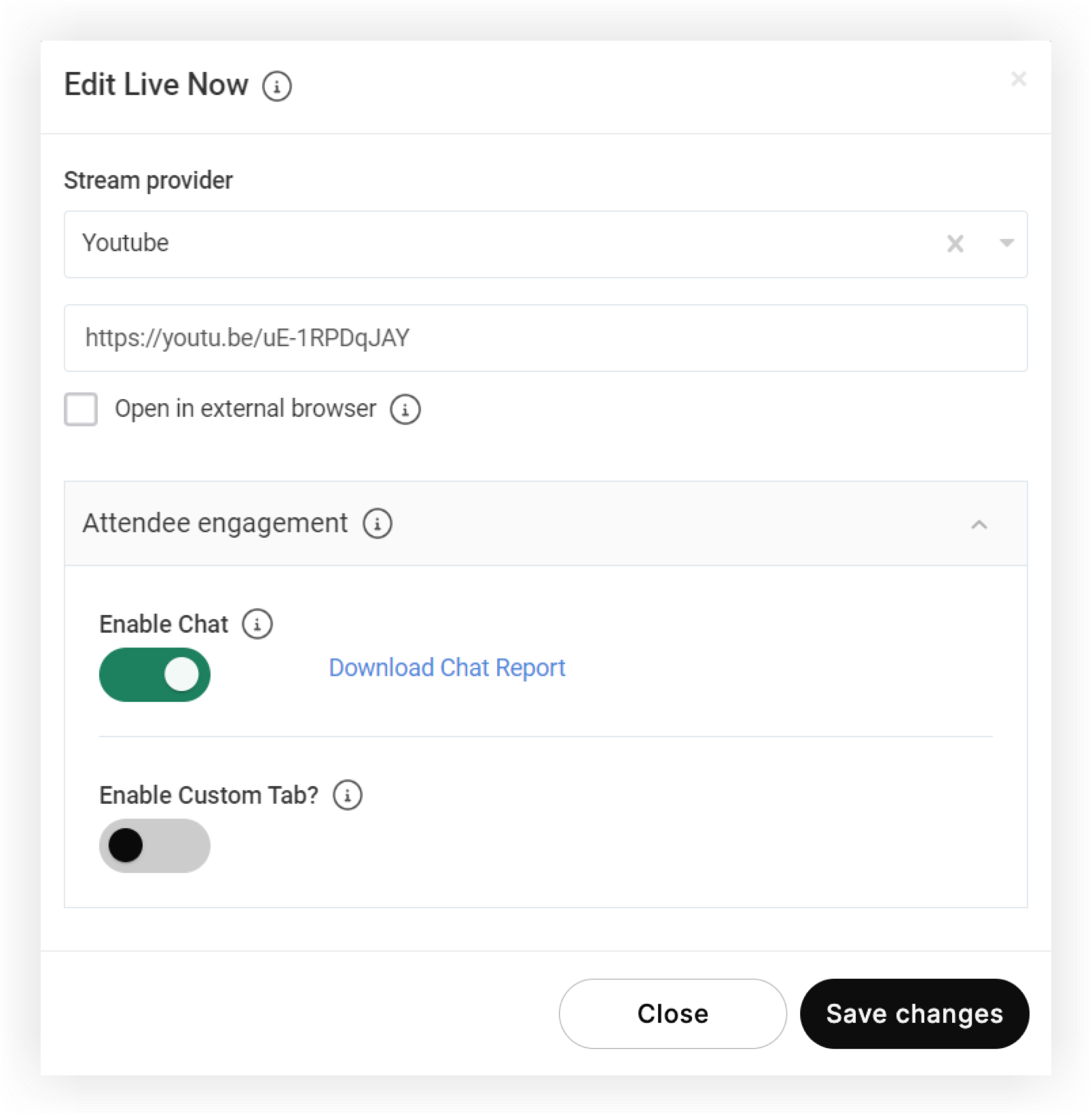 The Edit Live Stream modal. YouTube is selected.
