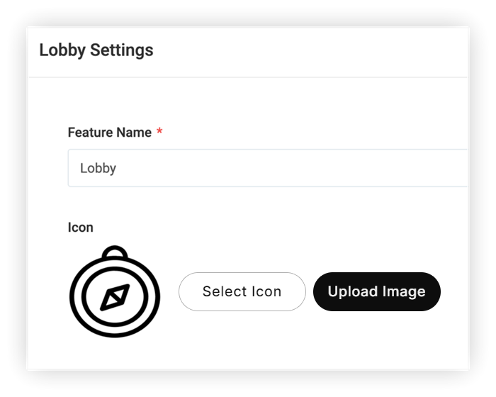 The 'Select icon' and 'Upload image' buttons in the Lobby feature's Settings modal.