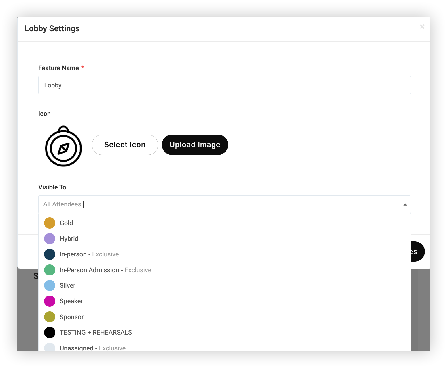 The Lobby Settings modal. The Visible to menu is expanded.
