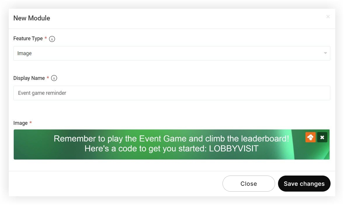 The New Module modal with an image added that reminds attendees to participate in the Event Game.