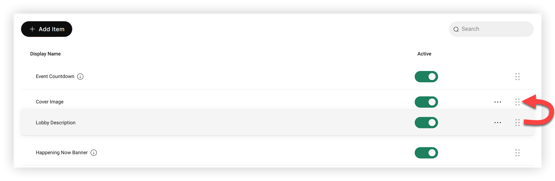 Dragging a Lobby feature module to change its order.