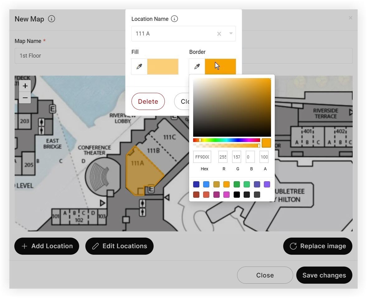 The new map modal with the add location modal open. The Border color picker is open.