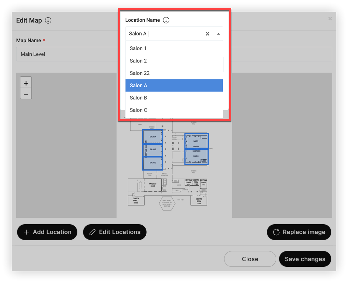 The Location name field in the Edit Map modal.