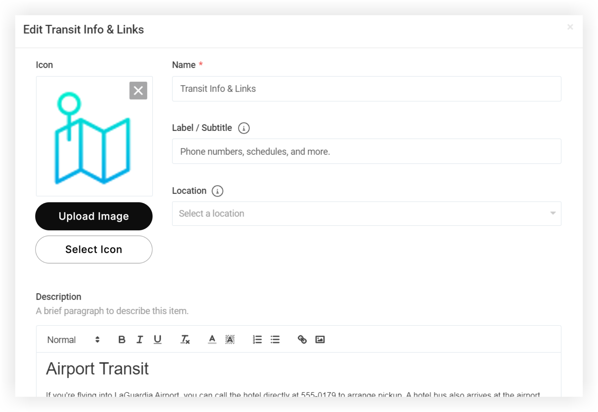 The edit single item modal.