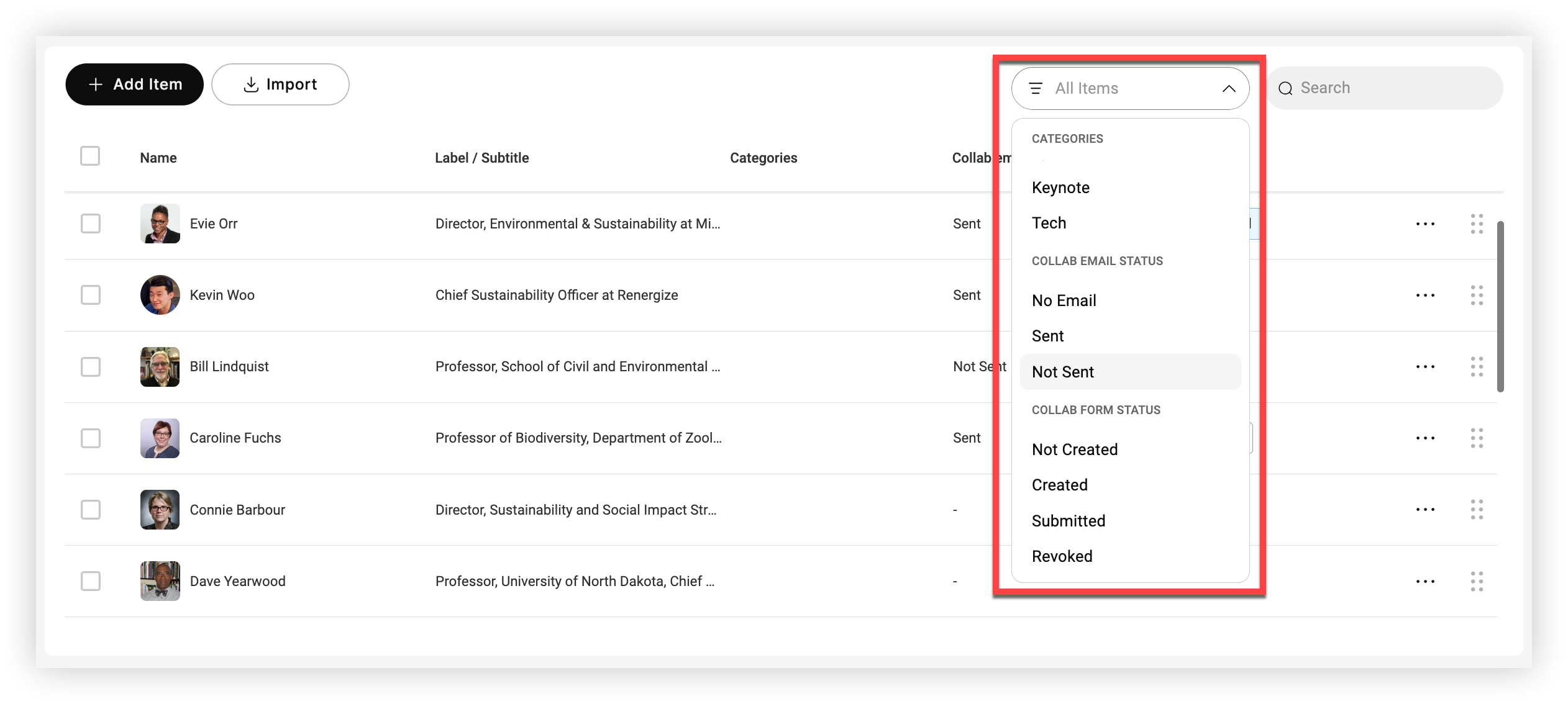The 'All Items' filter on the Speakers feature page in the Webex Events platform.