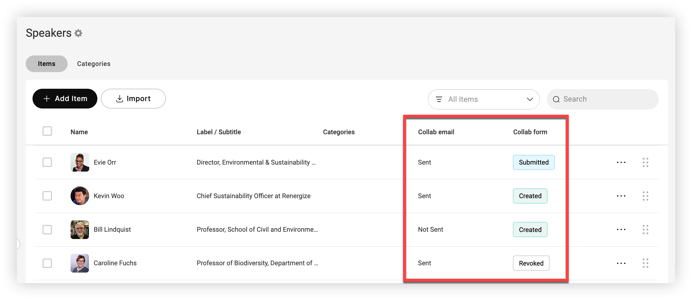 The Collab email and Collab form columns on the Speakers feature page in the Webex Events platform.