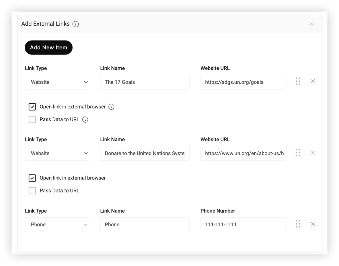 The Add External Links section of a New Item modal. Website and Phone link types have been added.