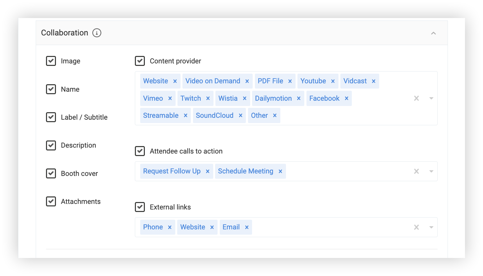The Collaboration section of a Speaker profile edit modal.