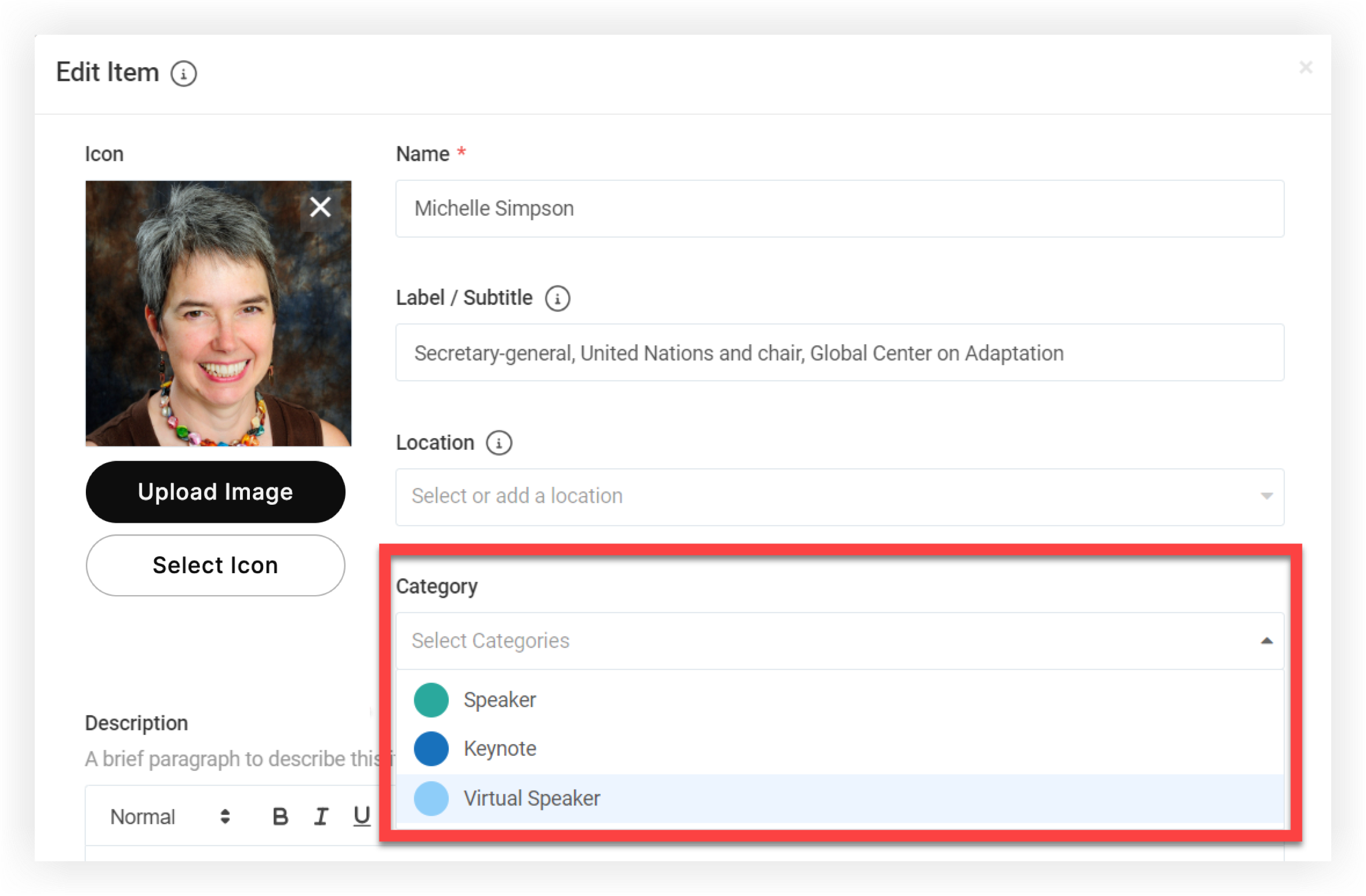 The Category dropdown in the Edit Item modal for a speaker.