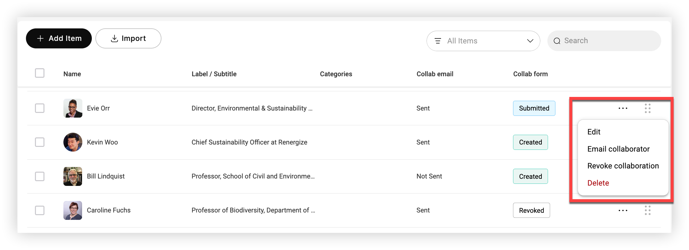 The settings menu for a speaker on the Speakers feature page in the Webex Events platform.
