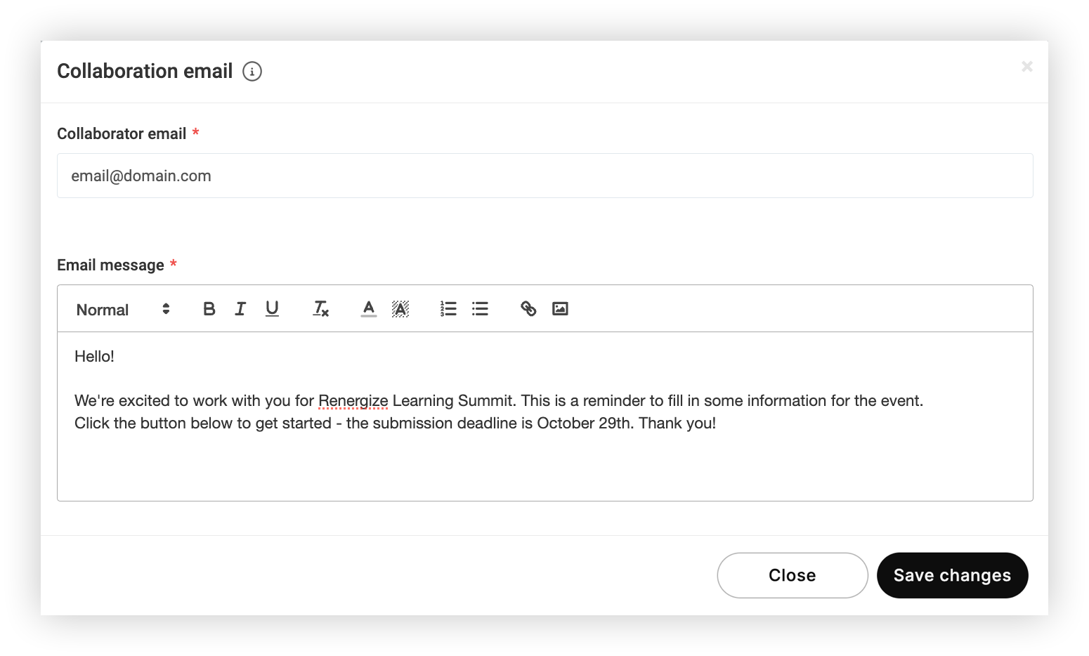 The Collaboration email modal.