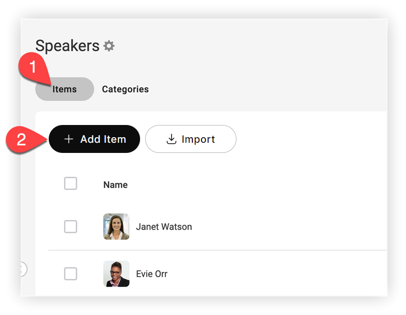 The Add Item button in the Items tab of a Speakers feature.