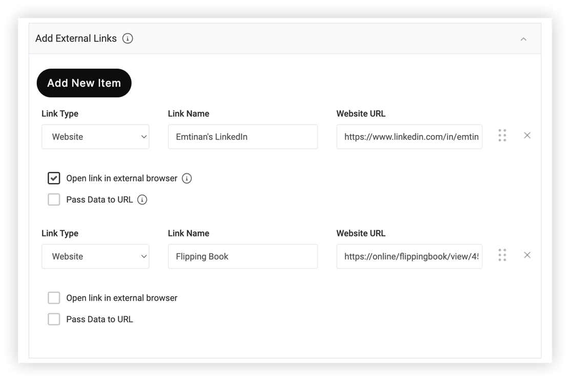 The external links section of the modal.